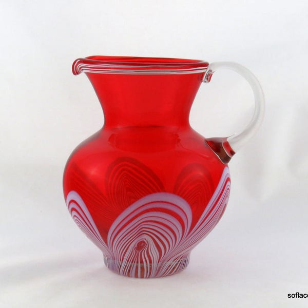 Badash Crystal Pulled Feather Pitcher / Jug Opal in Red w Threading - ca. 1980s