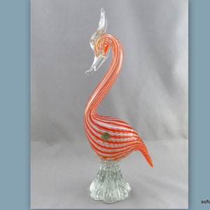 Murano Glass Tall Bird - Orange & White Half Filigree with Label