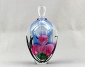 Satava Faceted Paperweight Perfume Bottle with Pink Irises - 1993
