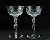 Rock Sharpe Stem 1023 Mystic Pattern Champagne Glasses Coupes Cut Leafy Floral Pattern - Vintage 1930s 1940s Stemware (pair)