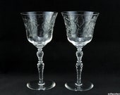Rock Sharpe Stem 1023 Mystic Pattern Water or Wine Glasses Goblets Cut Leafy Floral Pattern - Vintage 1930s 1940s Stemware (pair)