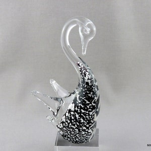 Murano Campanella Black w Silver Leaf in Crystal Swan Figurine