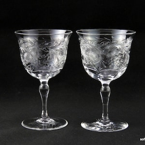 Webb Corbett Crystal Claret Wine Glasses / Goblets Daisy Pattern & Decorated Foot ca 1930-60 (pair)