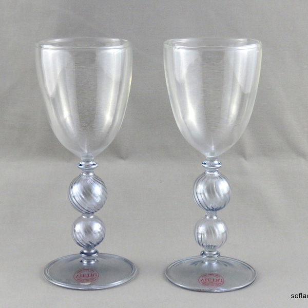 Vietri Imperial - Blue Pattern Venetian Style Italian Wine Glasses / Goblets with Labels (pairs)