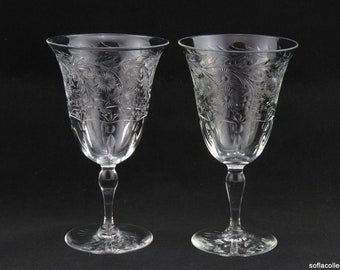 Webb Corbett Crystal Water or Wine Goblets / Glasses Daisy Pattern & Decorated Foot ca 1930-60 (pair)