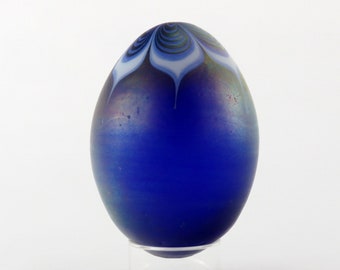 Iridescent Blue w Pulled Feather Décor Studio Art Glass Hollow Egg