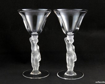 France Crystal Bacchus Frosted Male Nude Stem Cocktail/Liquor Glasses (pair)