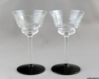 Cocktail / Liquor Glasses Panel Optic w Cut Floral Design & Black Foot ca 1930s