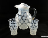 Fenton 1352 French Opalescent Dot Optic Pitcher w 2 Iced Tea Glasses Tumblers ca. 1930s