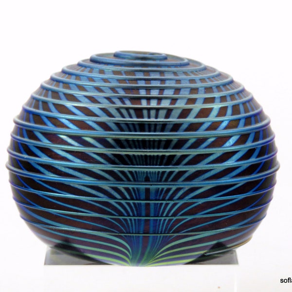 Stephen Smyers Iridescent Blue Thread Pulled Feather Art Glass Paperweight Signed & Dated