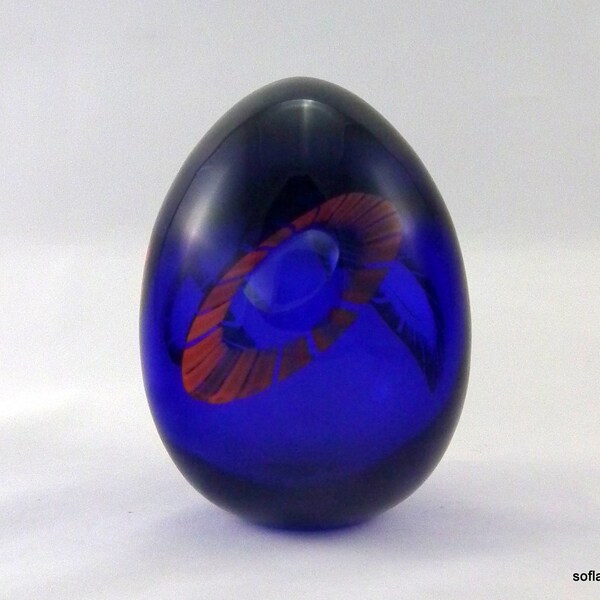 Murano Seguso Viro Cobalt Blue Egg w Red Segmented Rings & Air Traps - Signed