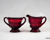 New Martinsville Moondrops Pattern Ruby Glass Cream and Sugar Set - Vintage 1930s New Martinsville Glass