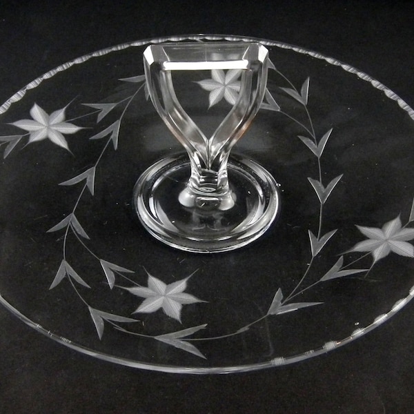 Bartlett Collins Glass Cut Floral Pattern Center Handle Server / Tidbit or Sandwich Server - Vintage 1910s Glassware