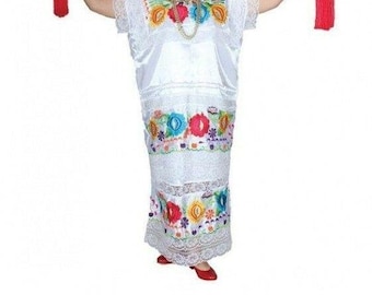 Yucatan Womens Folklorico Traditional Dance Fiesta Dress Embroidery Blck Wht New