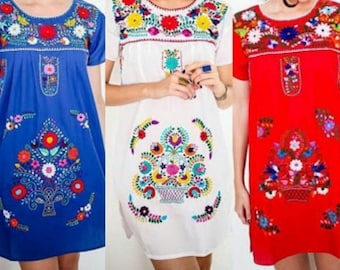 Short Womens S-Xl Mexican Folklorico Tehuacan Puebla Floral Boho Dress Tunic New