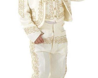 Beige Gold Boys Toddlers Mariachi Folkloric Suit Set Mexico Fiesta Dance Costume