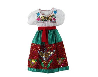 Conjunto de vestido tricolor folclórico para niñas China Poblana, tallas XS-XL, con lentejuelas de águila, nuevo sin etiquetas.