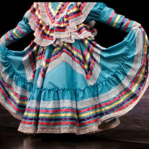 Girls Jalisco Dress With Super Wide Skirt Flow For Folklorico Dance Handmade New
