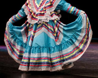 Girls Jalisco Dress With Super Wide Skirt Flow For Folklorico Dance Handmade New