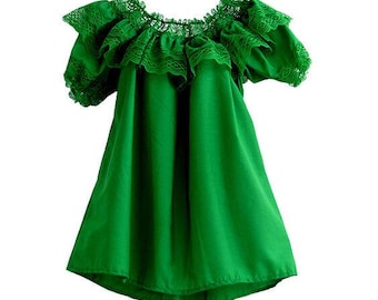 Women's Color Off-Shoulder Ruffle Top Lace Ribbon Mexico Folklorico Fiesta Dance