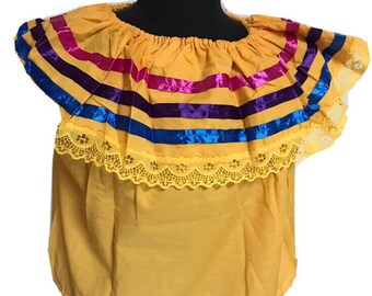 Yellow Women Size M Off-Shoulder Ruffle Top Lace Ribbon Folkloric Fiesta Dance A