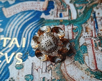 Vintage Damascene Brooch Silver Gold Tone Intricate Flower Pin