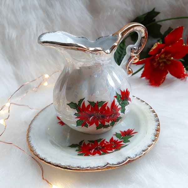 Christmas Pitcher and Bowl Luster Ware Vintage Mini Jug and Basin Set Poinsettia Original Brinn's Label