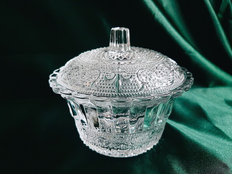 Ribbed Pressed Glass Bowl and Lid Dish KIG Indonesia Fleur De Lis image 1