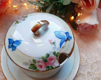 Antique Nippon Blue Rising Sun Mustard Pot Butterflies and Roses Pot and Lid Wonderful Condition