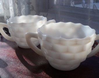 TWO Milk Glass Sugar Bowls Hazel Atlas Opaque Cube Early American Style Cubist