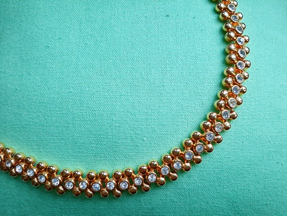 Clear Rhinestone Studded Gold Tone Fancy Chain Choker