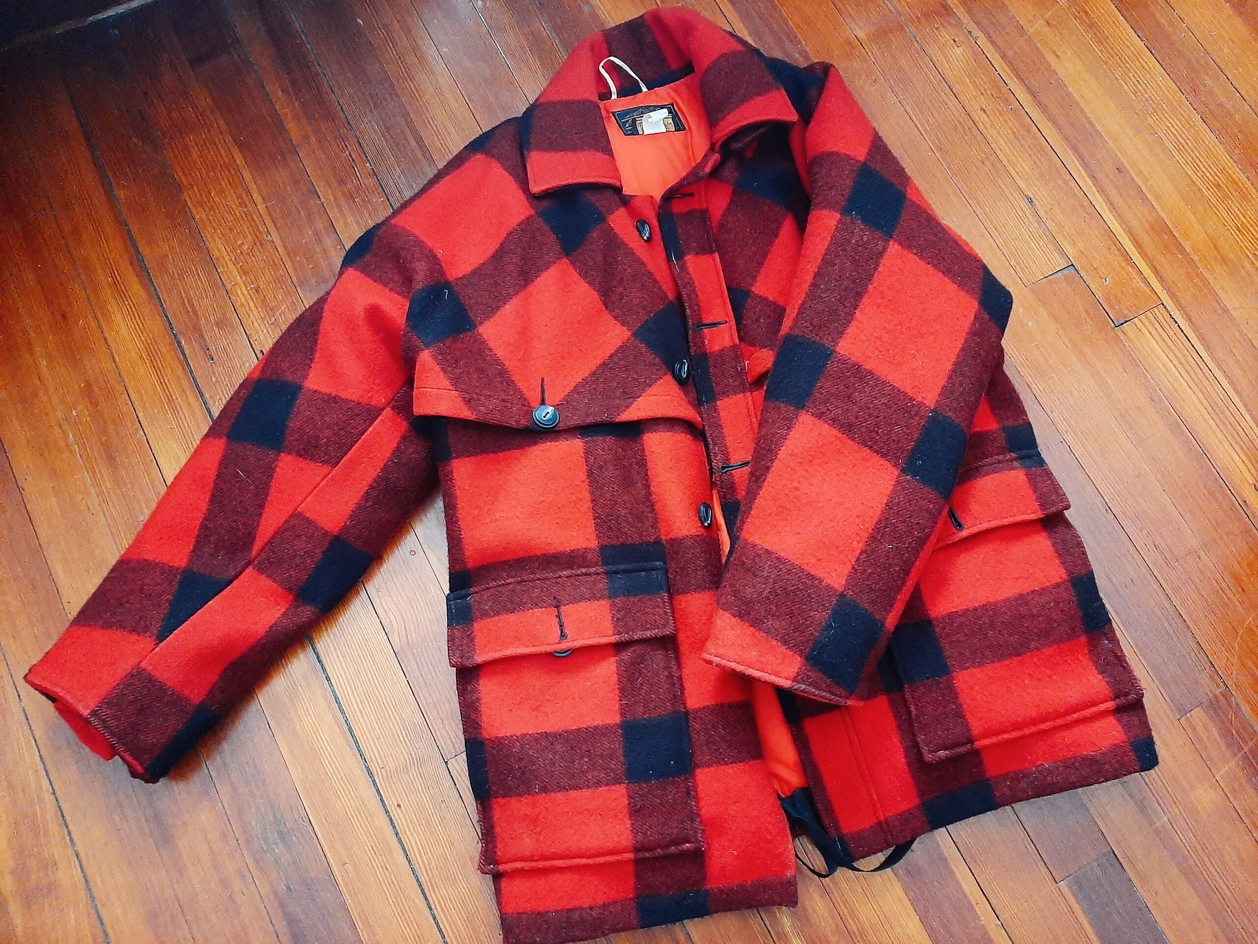 Vintage Eddie Bauer Mackinaw Coat Red Buffalo Plaid 100% Wool 