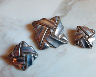 Vintage Sterling Silver Earring Brooch Pendant Set Taxco Mexico Brass Rope Twist Ribbon Clip Earrings