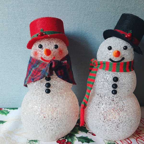 Vintage Avon Chilly Sam and Samantha Popcorn TWO Snowman and Snowlady Melted Clear Popcorn CHRISTMAS 1993
