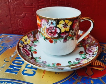 Vintage Demitasse Rose Gold Teacup and Saucers SET of 2 Famille Rose Made in China ca 1970s Chinese Child Tea Set