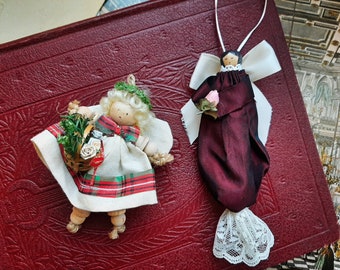 Vintage Christmas Angel Ornaments Wooden Victorian Ornaments Set of TWO Sewing Angels Wooden Spools