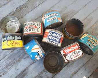 Vintage Coffee Cans Tins LOT of 9 Maxwell House Orange Lettering, Wheelans, Chok Full o Nuts, White Rose, Martinsons ca 40s 50s