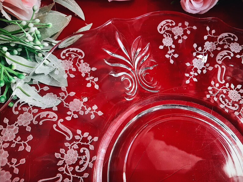 Fostoria Meadow Rose Plate / Platter Etched Glass Baroque Fleur De Lis Cracker Plate Ca 1930's image 7