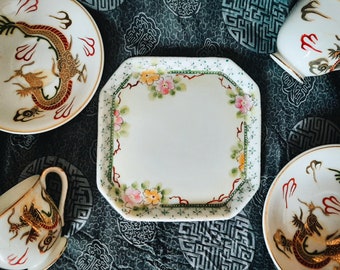 Vintage Cherry Blossom Pink Hand Painted Square Plate Midcentury Japanese Nippon Style