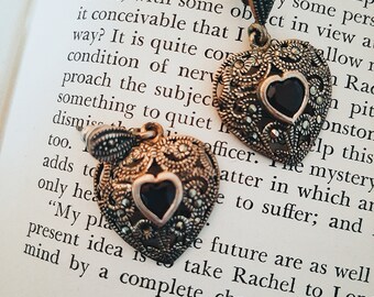 Vintage STERLING Heart Marcasite Earrings Silver Red Stone Stamped 925 M Thai FREE Gift wrap