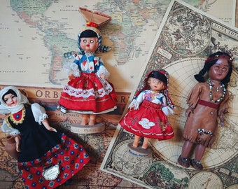 Vintage Souvenir Dolls SET of 4 Italy Portugal Native American 1950’s Blinking Eyes