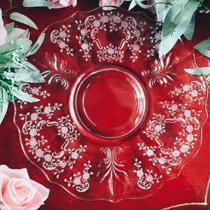 Fostoria Meadow Rose Plate / Platter Etched Glass Baroque Fleur De Lis Cracker Plate  Ca 1930&#39;s