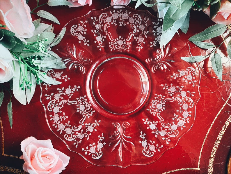 Fostoria Meadow Rose Plate / Platter Etched Glass Baroque Fleur De Lis Cracker Plate Ca 1930's image 1