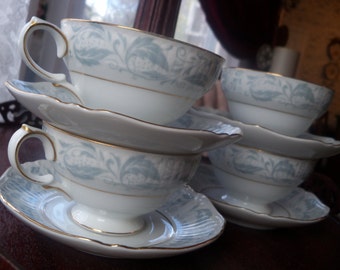 Shabby Chic Teacup and Saucer 4 SETS Embossed Empress Baby Blue Japan Fantasia 1304