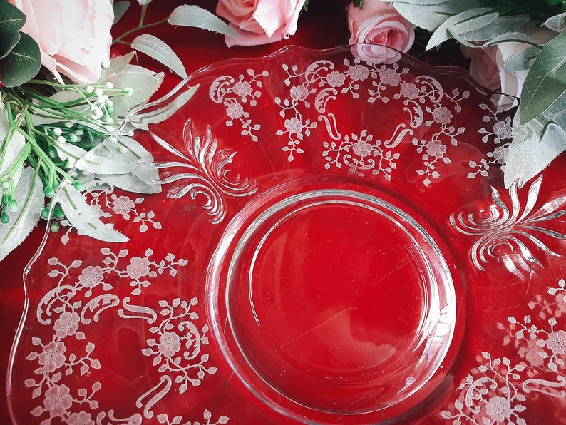 Fostoria Meadow Rose Plate / Platter Etched Glass Baroque Fleur De Lis Cracker Plate Ca 1930's image 5