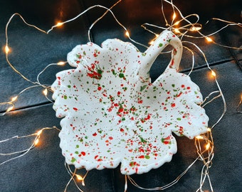 Vintage Christmas Leaf Bowl Hand Crafted Red and Green Splatter Print 1960s Ceramic