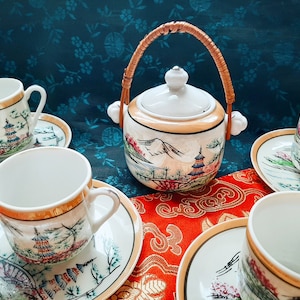 Vintage Tea Set Finely Hand Painted Pagoda Mountains Red Dragon Fine China Lusterware Iridescent GORGEOUS