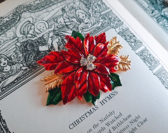 Vintage Christmas Poinsettia Brooch Pin Enamel Signed R.A. Ca 60 70s