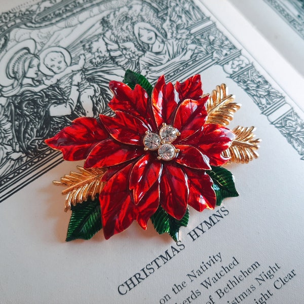 Vintage Christmas Poinsettia Brooch Pin Enamel Signed R.A. Ca 60 70s