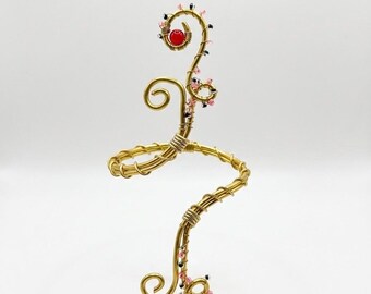 Gold Spiral Arm Cuff – Anime Inspired Handmade Aluminum Wire Jewelry with Red Beads & Delicate Details
